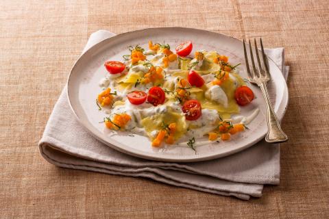 Ravioli mit Kürbisgemüse und Ziegenfrischkäse - (c) Chavroux Ravioli mit Kürbisgemüse und Ziegenfrischkäse - (c) Chavroux